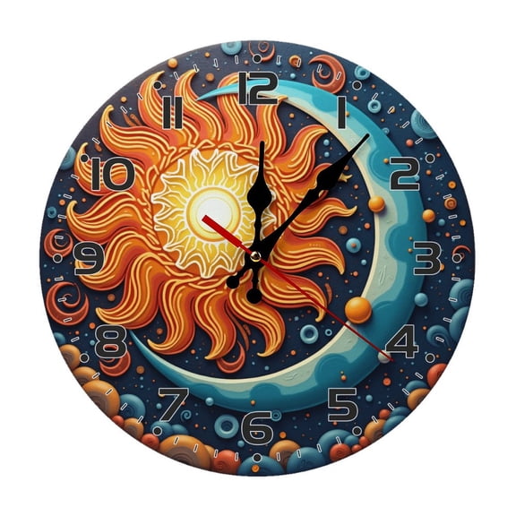 Sun Moon Wall Clock 10 Inch Silent Non Ticking Round Clock Decoration for Living Room Kitchen Bedroom Bathroom Office Classroom