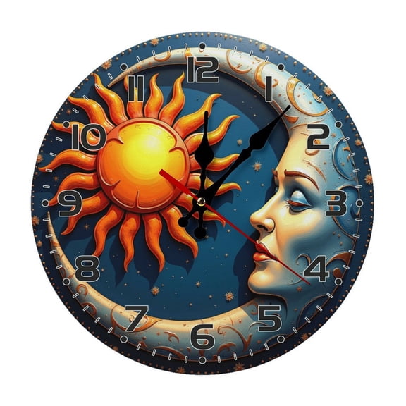 Sun Moon Wall Clock 10 Inch Silent Non Ticking Round Clock Decoration for Living Room Kitchen Bedroom Bathroom Office Classroom