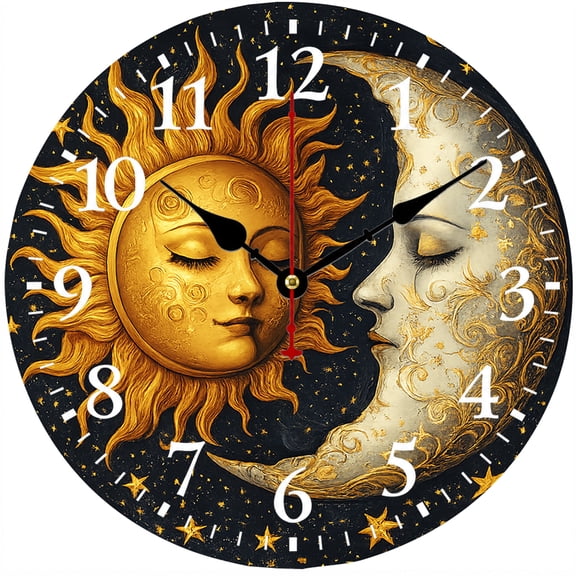 Sun and Moon Wall Clock 9.84 Inch, Celestial Boho Decorative Wall Clock, Battery Operated Analog Clock with Easy to Read Numbers for Bedroom Living Room Office