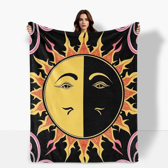 Sun Moon Yellow Pattern Flannel Blanket Soft Warm Comfortable For Sofa Bed Travel Camping Living Room Office Chair Polyester Fiber Gift For Family Or Friends