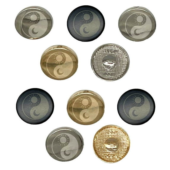 Sun Moon Yin Yang Night Day Set of 10 Metal 0.6" (15mm) Sewing Shank Round Buttons - Silver Color