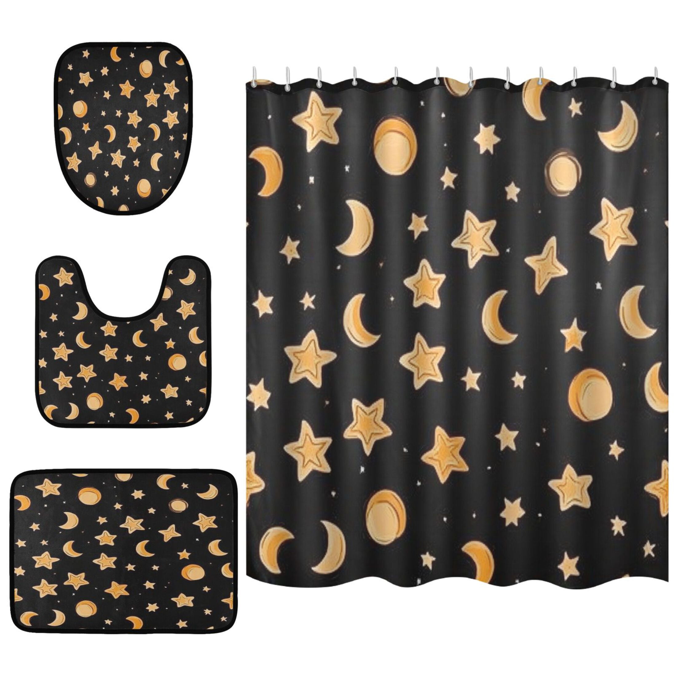 Sun Moon and Stars Bathroom Accessory Curtain Sets Bath Curtain Anti-Slip Mats and Toilet Pad 66x72in