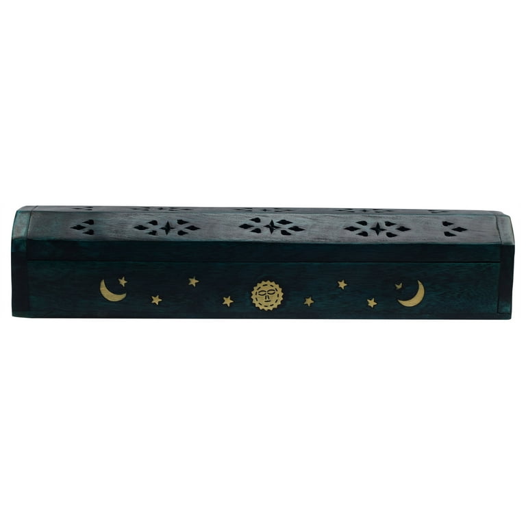 Sun, Moon, and Stars Brass Inlay Design - Wooden Coffin Incense Burner for  Incense Sticks and Cones 