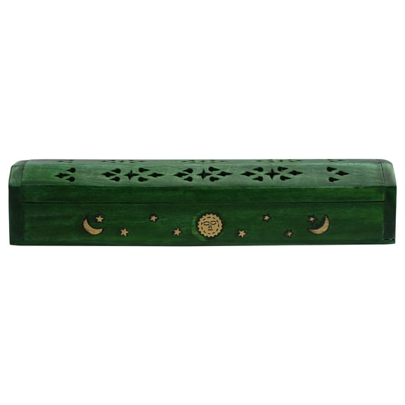 Sun, Moon, and Stars Brass Inlay Design - Wooden Coffin Incense Burner for Incense Sticks and Cones
