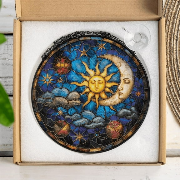 Sun & Moon with Faces Stained Glass Suncatcher, Celestial Harmony Ornament, Spiritual Window Accent