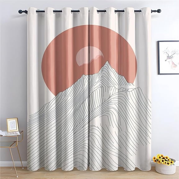 Sun and Mountain Curtains, Abstract Waves Blackout Curtains for Bedroom, Minimalist Drapes, Nursery Office Window Drapes, Thermal Insulated & Room Darkening Grommet Drapes 53"W x 96"L