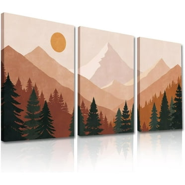 Sun Mountain Forest Lake Nature Scenery Framed Canvas Wall Art Paintings, Minimalist Woodland Nursery Decor Bohemian Artwork, Boho Wall Decor for Living Room Bedroom Bathroom Office (12x16inch x3)