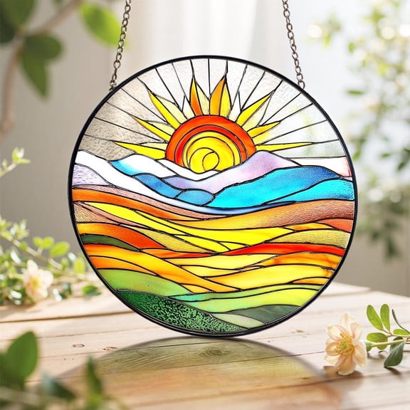 Sun Mountain Range Stained Glass Suncatcher, Boho Nature Inspired Round Glass Art Panel, Housewarming Wall Decor