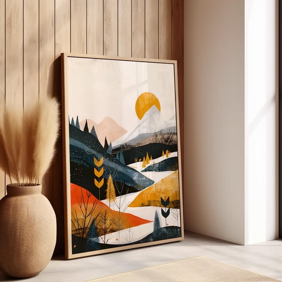Sun Mountain River Abstract Wall Art Neutral Nature Decor, Unframed Paper Print Size 8x12