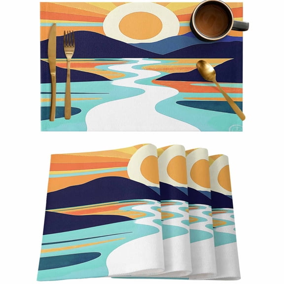 Sun Mountain River Colorful Stripe Placemats Set of 4,Wipeable Washable Table Mats for Dining Tables,Abstract Geometric Dynamic Art Place Mats for Kitchen Event Party Tabletop Decor