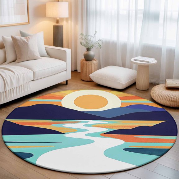 Sun Mountain River Colorful Stripe Round Rug 5ft Abstract Geometric Dynamic Art Washable Area Rugs for Living Room Bedroom Entryway Non Slip Entrance Door Mat Indoor Floor Carpet