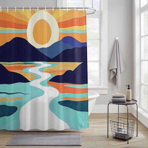 Sun Mountain River Colorful Stripe Shower Curtain Set, Waterproof Shower Curtains With Grommet Hooks, Abstract Geometric Dynamic Art Privacy Bathroom Curtain for Bathtub 36x72IN