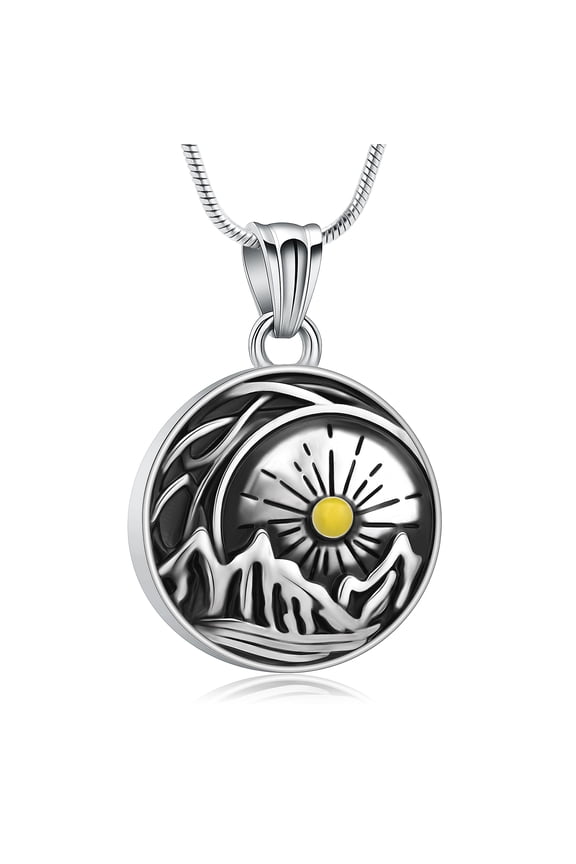 Sun Mountain and Sea Pendent for Ashes and Chain Cremation Jewelry for Ashes Perfume Memory Necklace for Men Women