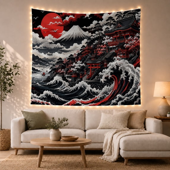 Sun Mountains Japanese with Woodblock Print Upper, Serene Japanese Inspired for Japanese Art Lovers, Wall Decor, Housewarming Gift, Tapestry Wall Hanging for Dorm and Living Room