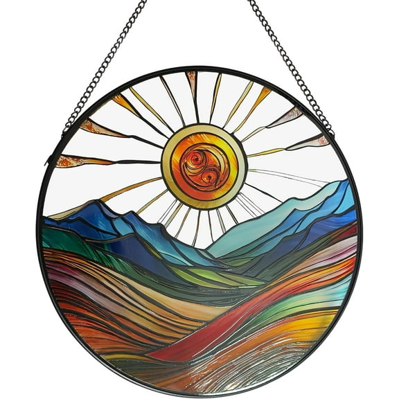 Sun Mountains Stained Glass Window Hanging, Sun Catcher Glass Panel Boho Wall Art Decor with Chain, Hand Painted Round Glass Gifts for Couples, Housewarming Gift