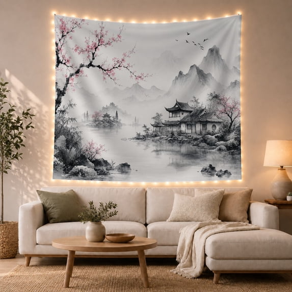 Sun Mountains Traditional with East Asian Wash, Serene Japanese Inspired for Japanese Art Lovers, Wall Decor, Housewarming Gift, Tapestry Wall Hanging for Dorm and Living Room
