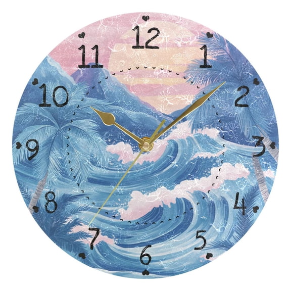 Sun Mountains Waves Coconut Trees Tropical Round Wall Clock Silent Analog Battery Operated Gold Pointer Home Decor 9.84" Diameter