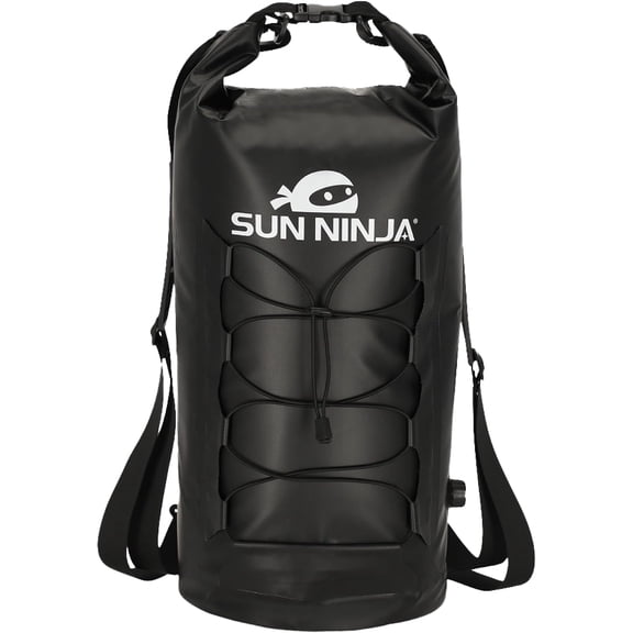 SUN NINJA Floating Dry Bag Cooler, Black, 20L Leakproof Roll Top Closure, Collapsible Waterproof Outdoor Cooler with Padded Shoulder Strap, Adjustable Air Valve, for Kayaking, Fishing, Beach & River