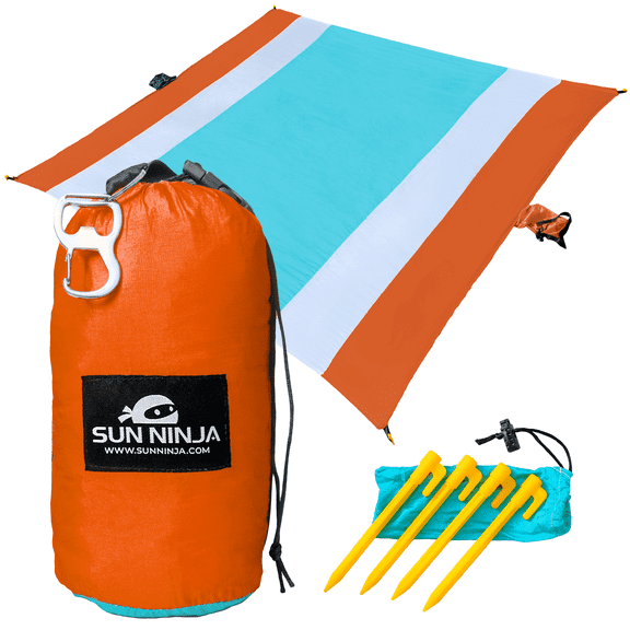Sun Ninja Sand Free Beach Blanket - Outdoor Blanket, Beach Mat & Accessories - 10ft X 9ft Lightweight Blanket with Storage, Bottle Opener, Carabiner, Shoulder Strap, Corner Sand Pockets & 4 stakes