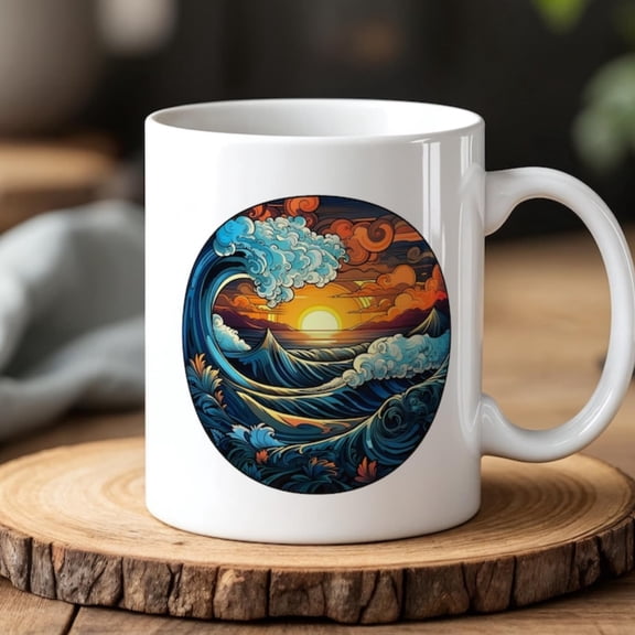 Sun Ocean Waves Ceramic Mug oz Pm Artistic Unique Coffee Cup Beach Lovers.