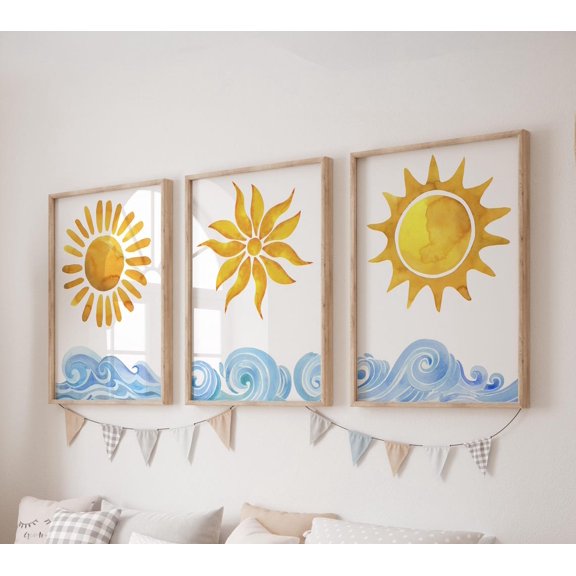Sun Ocean Waves Wall Art Print Set, Coastal Nursery Playroom Decor
