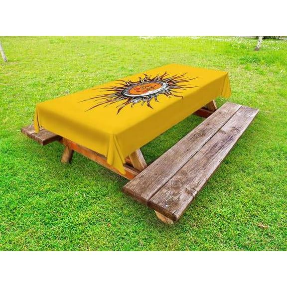 Sun Outdoor Tablecloth, Abstract Celestial Patterns with Anthropomorphic Faces Leaves and Swirled Stripes Sky, Decorative Washable Fabric Picnic Tablecloth, 58 X 104 Inches, Multicolor, by Ambesonne