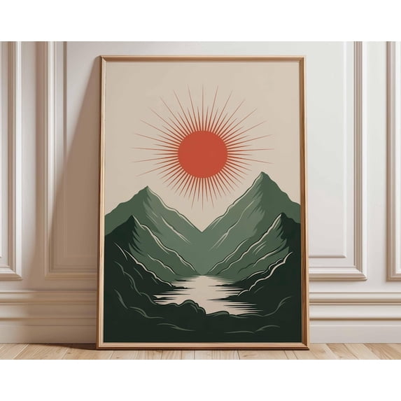 Sun Over Mountains Retro Landscape Vintage Minimalist Wall Art Print, Unframed Paper Poster 24x36in