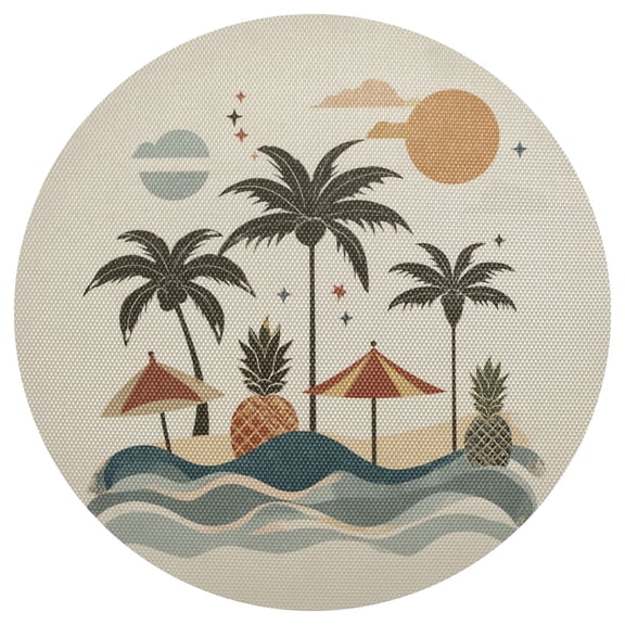 Sun Palm Trees Pineapples Wave Vintage PVC Round Grid Placemat Table Mat 1 Pc 15.4" x 15.4"