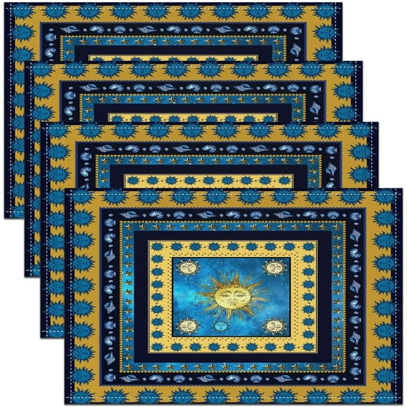 Sun Placemats Set of 4 12"x18" Boho Hippie Sun Moon Pattern Placemats for Dining Table Indoor Outdoor Kitchen Bohemian Gothic Table Mats Placemat Blue Yellow Decor Table Place Mats
