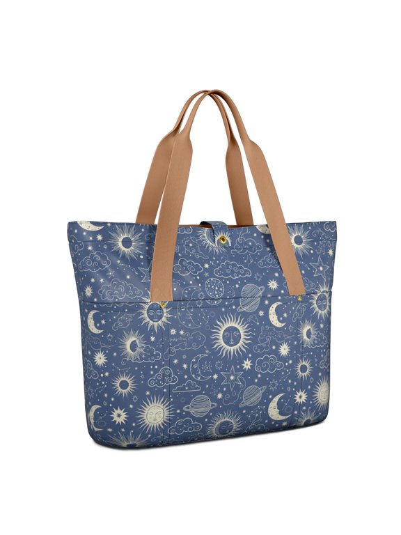 Sun and Planet Gothic Pattern Large Tote Bag for Women, Polyester Roomy Work Tote with Pockets and Zipper, Water Resistant Gifts Ideas for Christmas Birthday