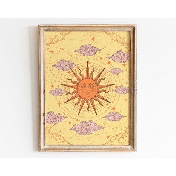 Sun Poster, Retro Sun Print, Vintage 70S Poster, Celestial Art Print, Retro Aesthetic Poster, 70S Home Decor, Sun Wall Art, Dorm Room Decor Wall Art, Modern Wall Decor, 12x18 UNFRAMED