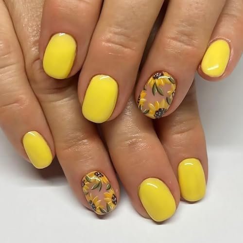 Sun Press Nails Short Square Nails Yellow False With Sunflowers Designs Spring Summer Full Cover Stick Nails for Women 24 count