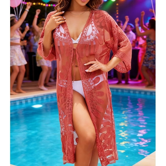Sun Protection Cover Ups for Women Summer Lightweight Embroidered Open Front Flowy Long Kimono Cardigan Beachwear