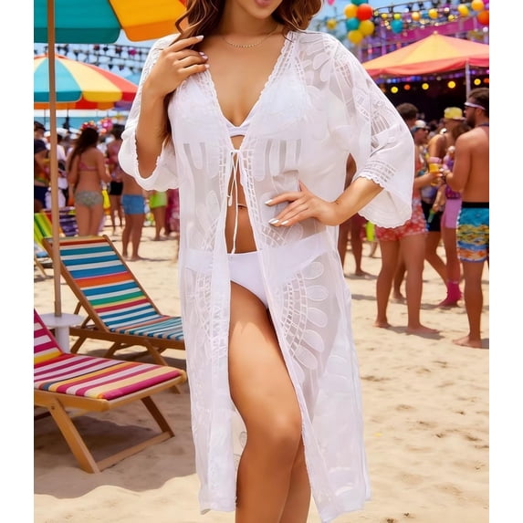 Sun Protection Cover Ups for Women Summer Lightweight Embroidered Open Front Flowy Long Kimono Cardigan Beachwear