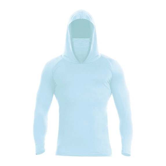 Sun Protection Fishing Shirts for Men UPF 50+ Long Sleeve Hoodie with Face Mask UV Rash Guard Quick Dry Hiking Shirt Light Blue S