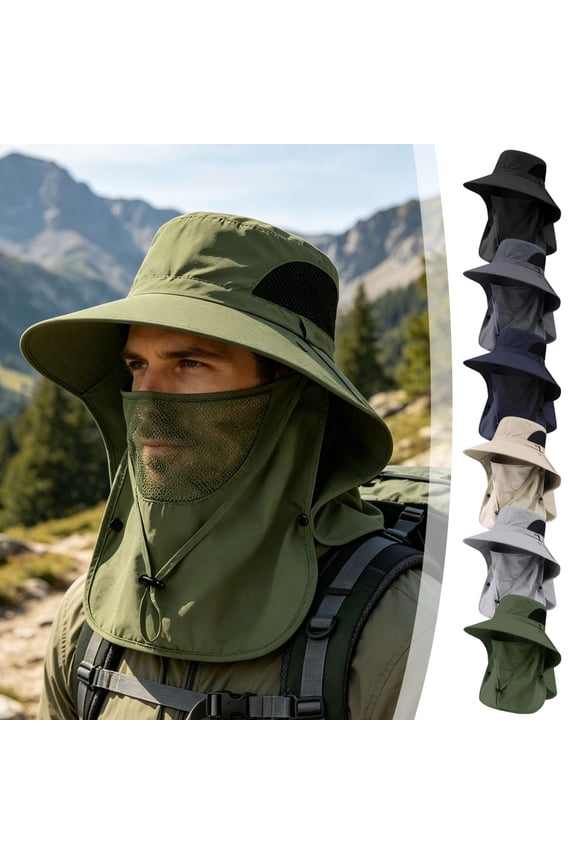 Sun Protection Hat, Breathable Outdoor Boonie Hat, Removable Face Neck Flap Mesh Cap, Lightweight Waterproof Tear-Resistant Wide Brim Adjustable Chin Strap for Hiking Fishing Camping Gardening