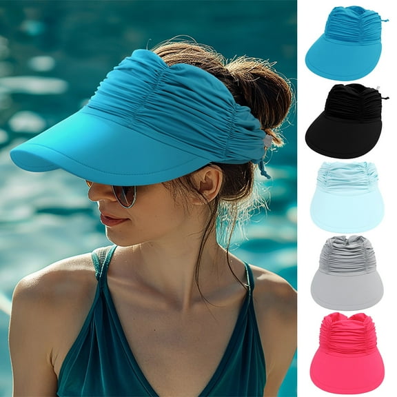 Sun Protection Hat for Women | Wide Brim UV Blocking Visor - Breathable Cut-Out Top, Adjustable Elastic Band, Lightweight Cloth Material | Outdoor Beach Swim - 28x25cm
