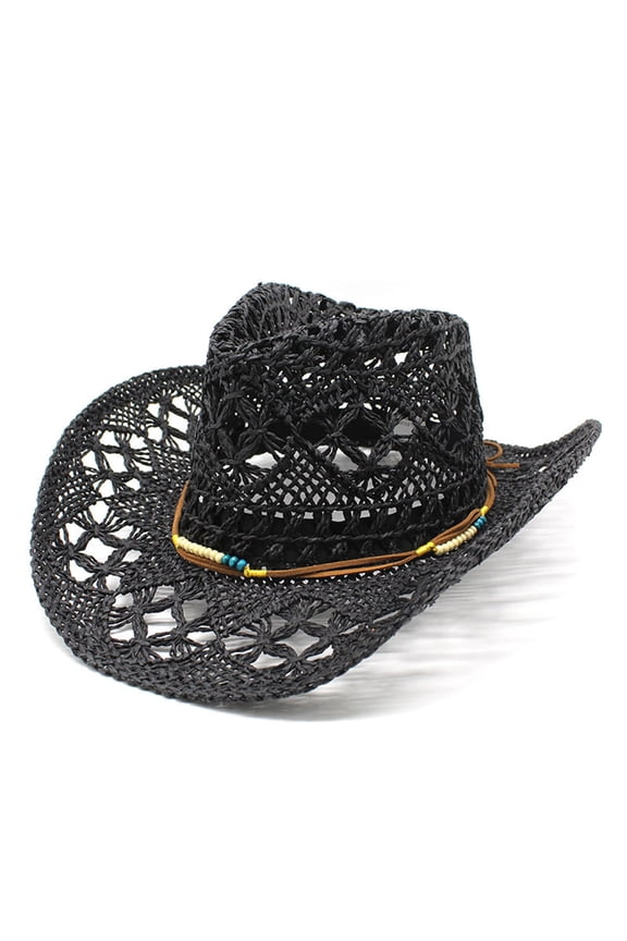Sun Protection Hat , Womens Beach Hat , Boho Hat Stylish Summer Western Cowboy Straw Hat for Women and Men Breathable Shapeable Sun Wide Brim Hollow Design