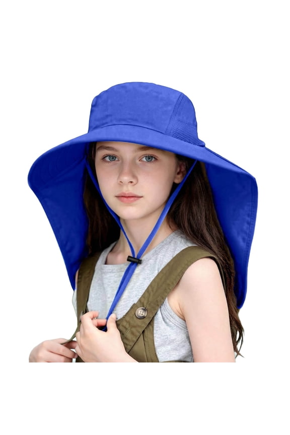 Kids UPF 50+ Sun Hat with Neck Flap Legionnaire Style Wide Brim Adjusta Chin Strap Unisex Blue Boys Girls Ages 6-14 Nylon Outdoor Beach Hat,Size Free Size