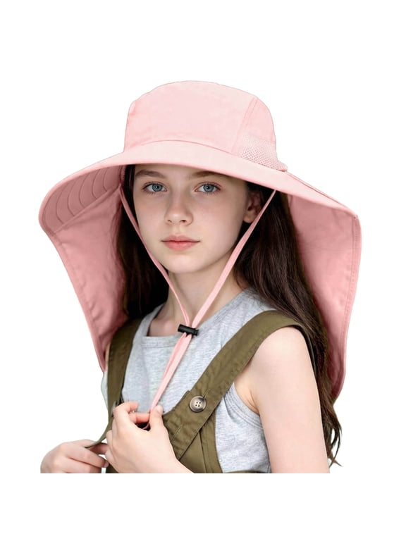 Girls Boys UPF 50+ Legionnaire Sun Hat with Neck Flap, Wide Brim Adjusta Chin Strap, Pink, Ages 6-14, Nylon Outdoor,Size Free Size