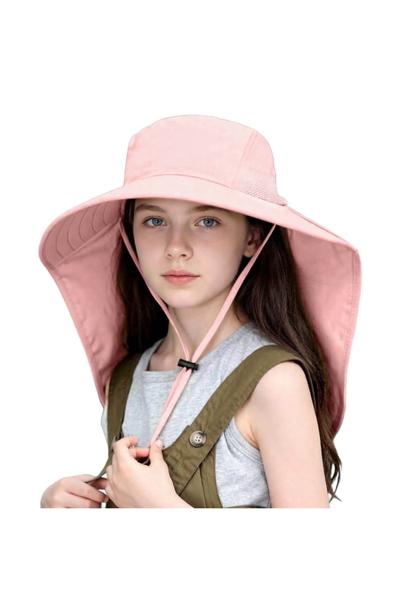 Girls Boys UPF 50+ Legionnaire Sun Hat with Neck Flap, Wide Brim Adjusta Chin Strap, Pink, Ages 6-14, Nylon Outdoor,Size Free Size