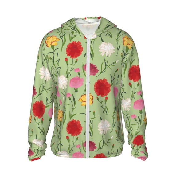Sun Protection Hoodie Jacket, Carnations Flowers Green Sun Shirts For Men Women Long Sleeve With Pocket Hiking Outdoor
