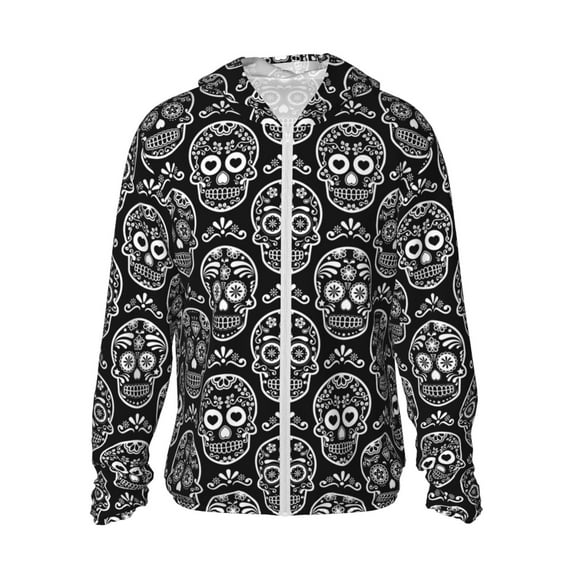 Sun Protection Hoodie Jacket - Exotic Black White Line Skull Sun Shirts For Men Women Long Sleeve With Pocket Lightweight Outdoor