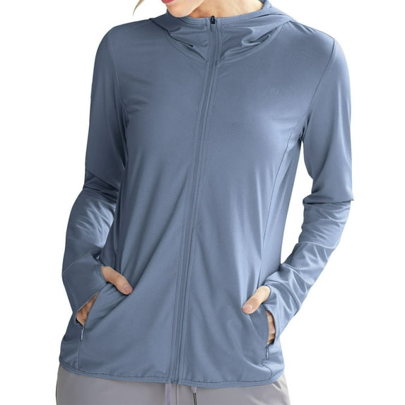 Sun Protection Hoodie for Womens Summer Front Zipper UPF 50+ Long Sleeve UV Spf Tee Shirts with Pockets Rash Guard Sun-Protective Clothing Quick Dry Athletic Stretch Shirts with Thumb Holes