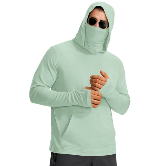 Sun Protection Hoodie for Men Long Sleeve Pullover Top with Built In Face Cover UPF 50+ Lightweight Breathable Shirts for Fishing