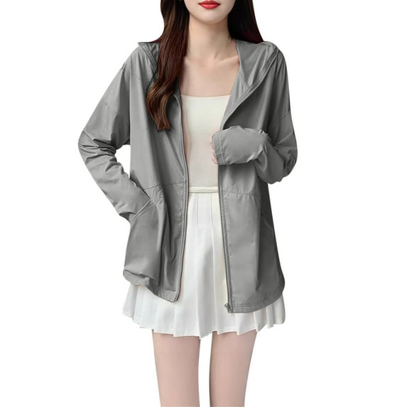 Sun Protection Jacket for Women Plus Size Long Sleeve Hooded Lightweight Athletic Jackets Full Zip Hooded Long Sleeve Shirts Summer Hiking Workout Sportwear with Pockets Gray L
