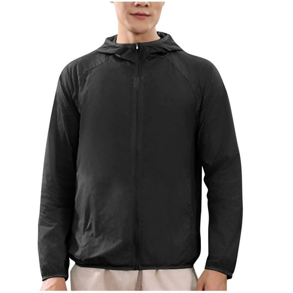 Sun Protection Jackets for Men Plus Size Full Zip Long Sleeve Hooded Big & Tall Coat for Men Summer Lightweight Athletic Fishing Hiking Jackets with Pockets Black 3XL