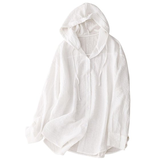 Sun Protection Long Sleeve Shirts For Women Casual Hooded Button Down Shirt Loose Oversized Linen Textured Open Front Cardigan Casual Daily Beach Cover Up Top Going Out Trendy Summer Tops