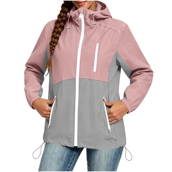 Sun Protection Rain Jacket for Women Lightweight Waterproof Zipper Pockets Hooded Raincoats for Outdoor Hiking Gray, 2XL