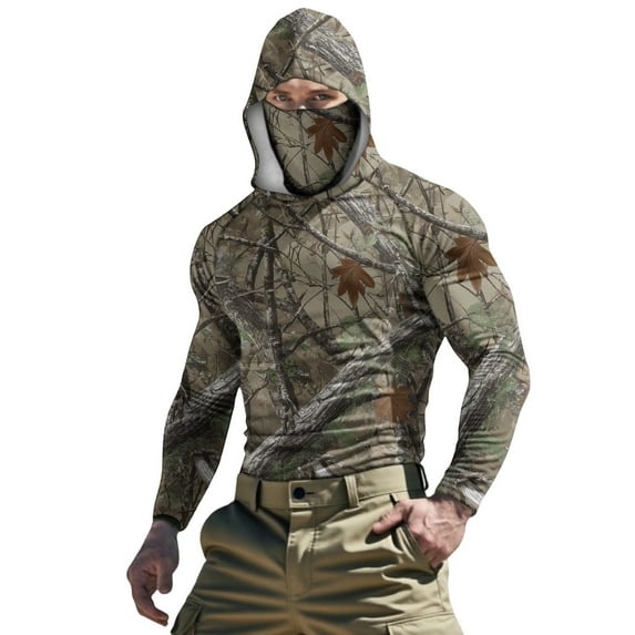 Sun Protection Shirt,Men's Hooded UPF 50+ Sun Protection T Shirts Long Sleeve Ice Silk Mask Tops Summer Casual Camouflage Rash Guard